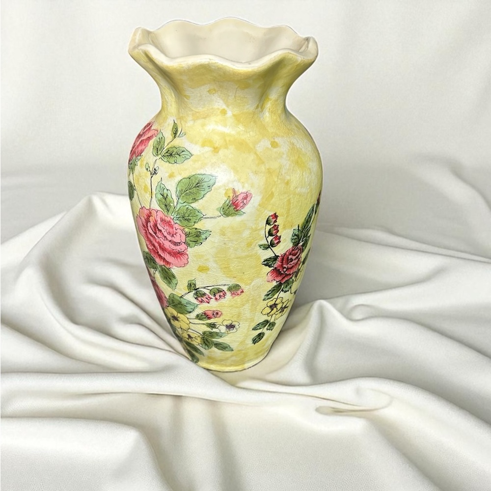 Hand painted yellow with pink flowers chintz Vase
